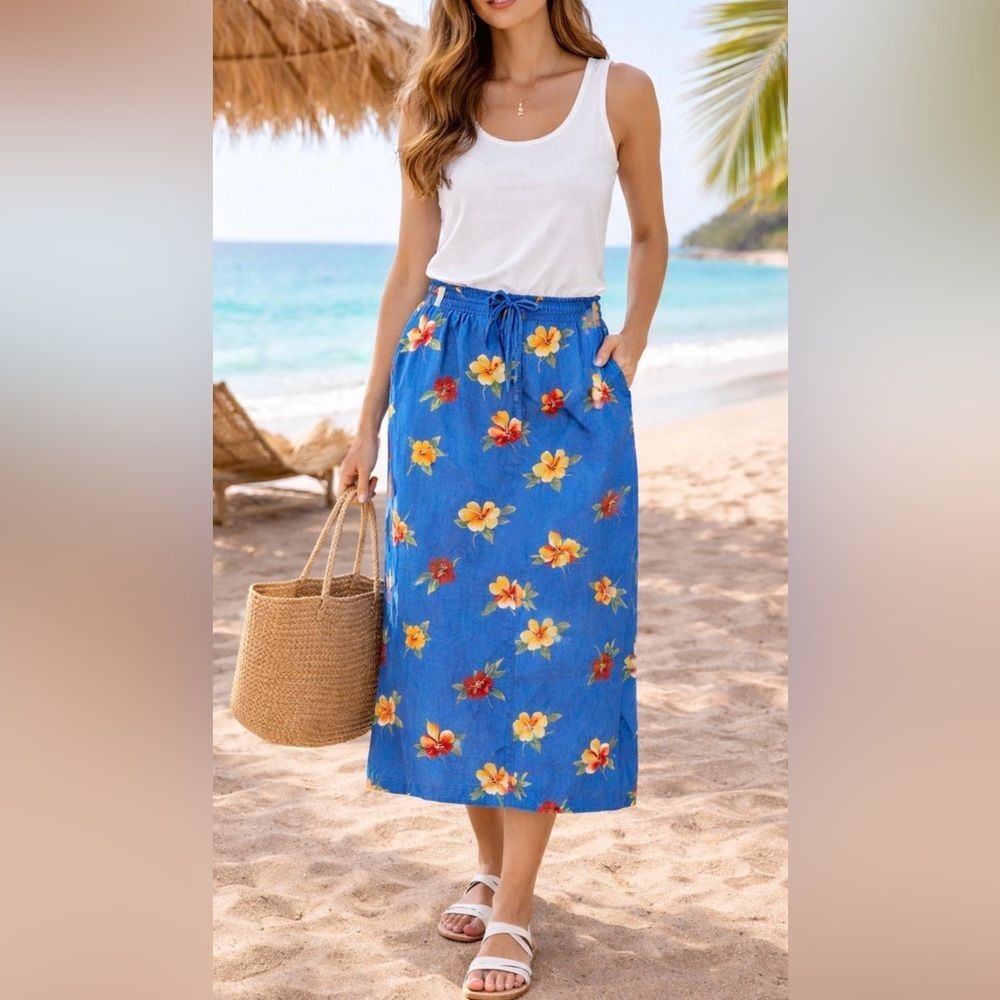 Vintage Susan Bristol Floral Midi Skirt Blue 100% Cotton Elastic Waist Med